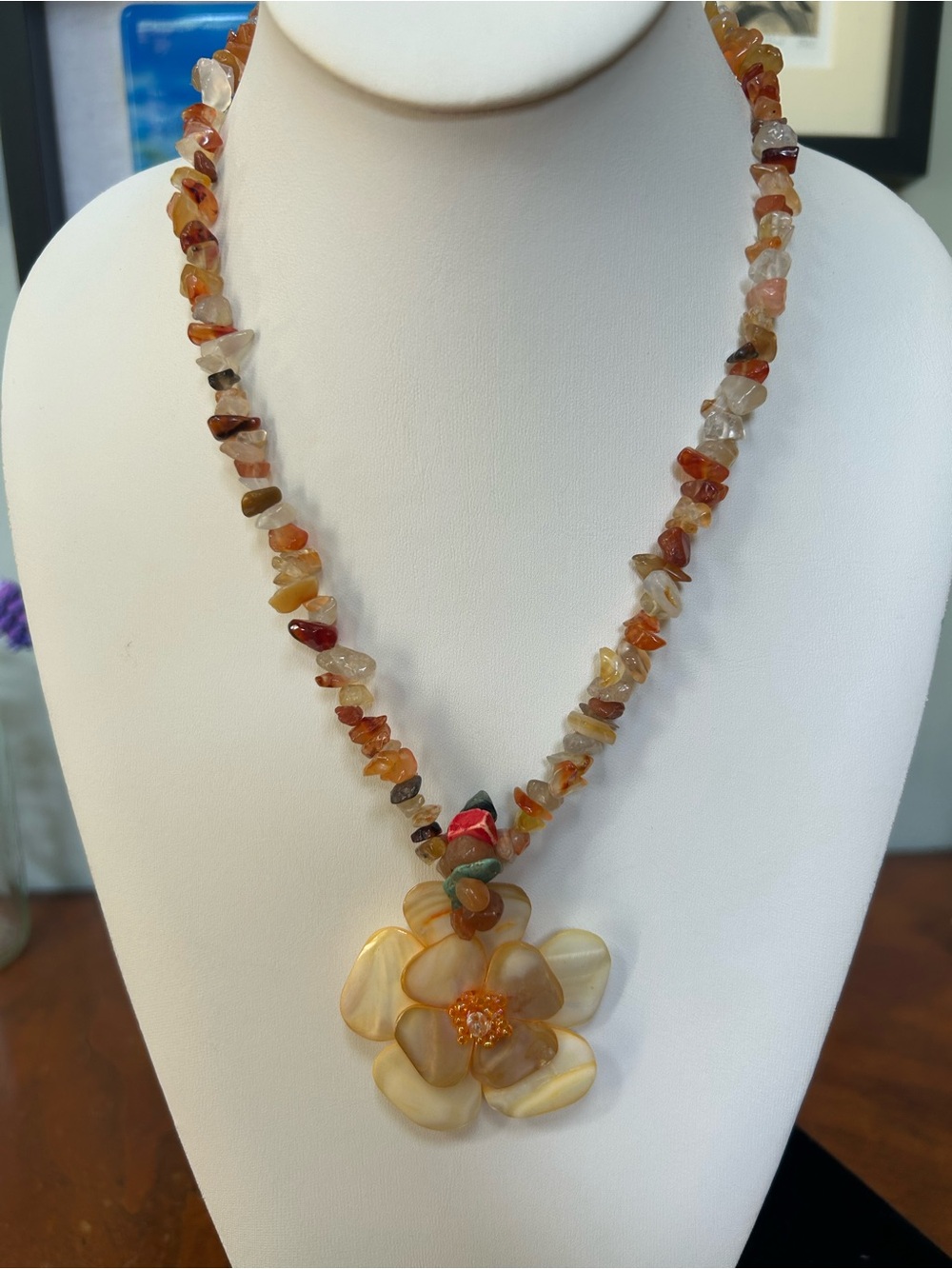 Summer Beach Vibe:  Carnelian Chip Necklace with Flower Pendant